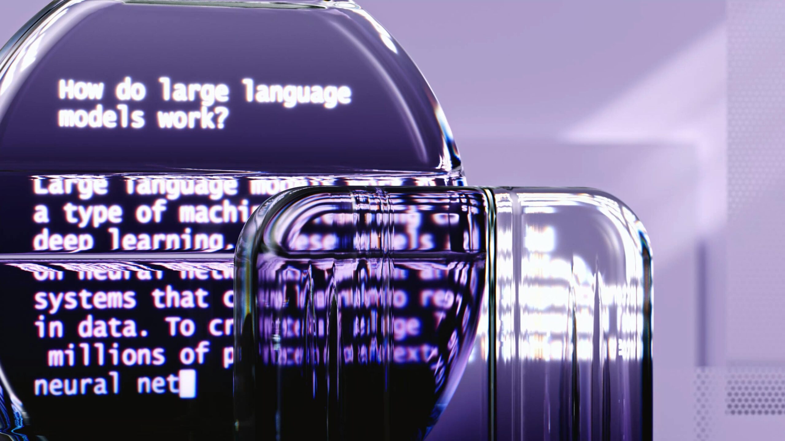Visualización abstracta de modelos de lenguaje grandes (LLM) sobre superficie cristalina violeta — la nueva era de la inteligencia artificial generativa.