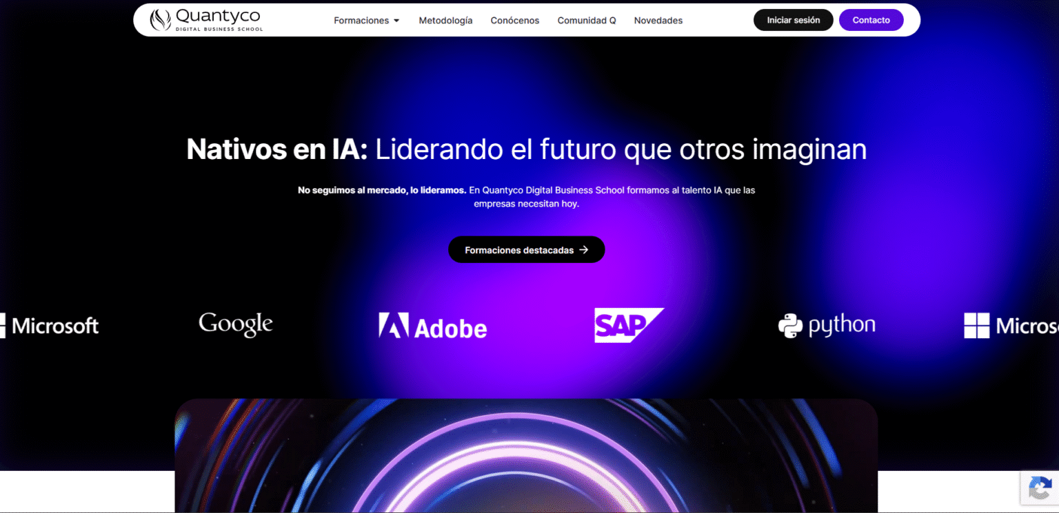 Hero de la web de Quantyco Digital Business School con el lema Nativos en IA: Liderando el futuro que otros imaginan, junto a logotipos de partners tecnológicos como Microsoft, Google, Adobe, SAP y Python.