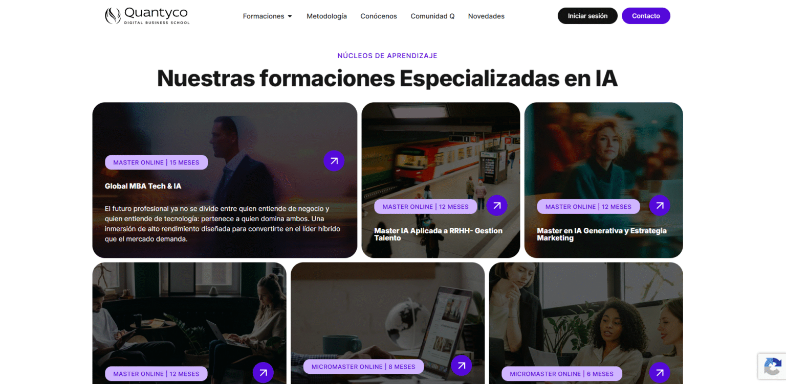 Sección de formaciones especializadas en IA de la web de Quantyco con seis cards de programas Master y Micromaster online.